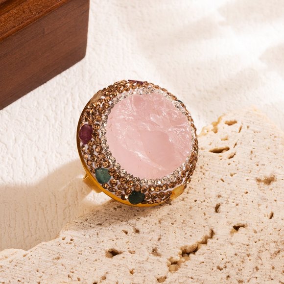 3/$35 18K Gold Plated Round Open Ring Pink Natural Stone Copper Rhinestone - Picture 1 of 5